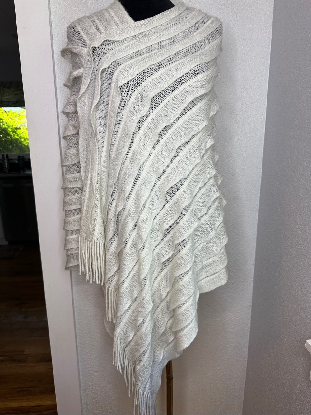Nicole K Ivory Knit Fringe Poncho Sweater Boho Coastal Grandmother lightweight